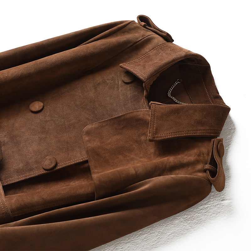 Luxus Wildleder Trenchcoat „Classic Fit“ – Schokobraun