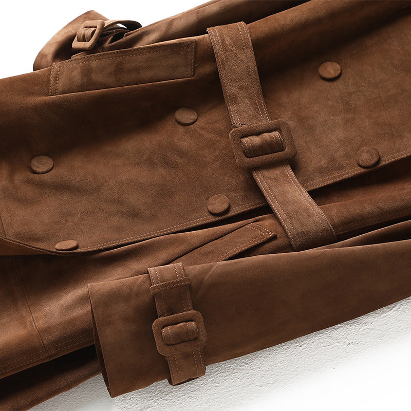 Luxus Wildleder Trenchcoat „Classic Fit“ – Schokobraun